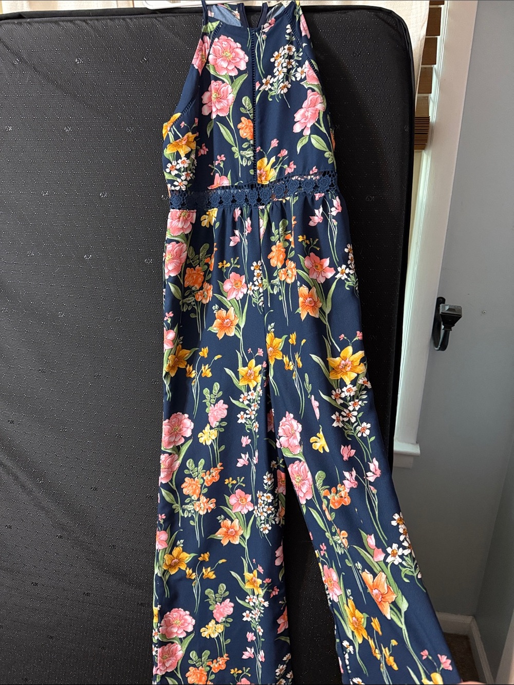Floral Navy Halter Jumpsuit with Crochet Waist